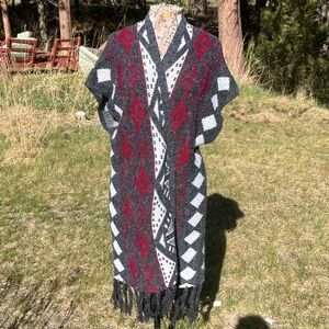 Fringe Open Front Aztec Cardigan. Size L